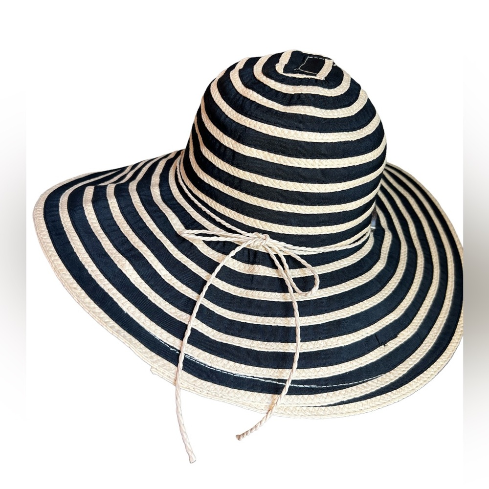 Panama Jack Toyo Straw Sun Hat Tan Black Stripe Wide Brim Packable Floppy OS
